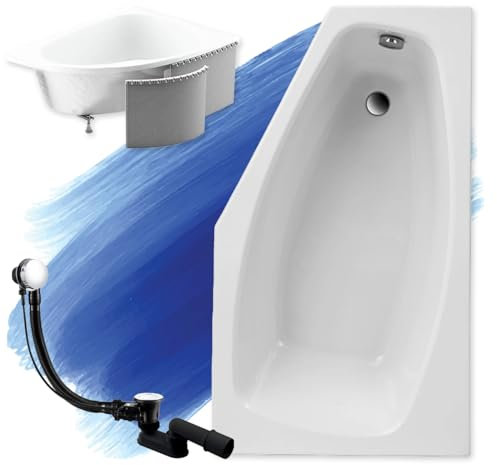 BADLAND Badewanne Original Weiß Acryl Wanne Eckbadewanne MARIKA 140x80 Rechts KOMPLETTSET SET mit Premium Styroporverkleidung + Füßen und Exklusive Chrom Automatik Ablaufgarnitur Made in EU 4in1