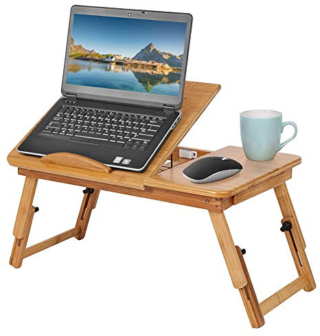 Laptoptisch aus Holz, Höhenverstellbar und Klappbar mit Schublade und Lüftungslöchern, Betttisch für Frühstück, Notebook, Lesen