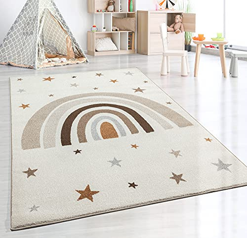 the carpet Beat Kids Moderner Weicher Kinderteppich, Weicher Flor, Pflegeleicht, Farbecht, Regenbogen Muster, Creme, 160 x 220 cm
