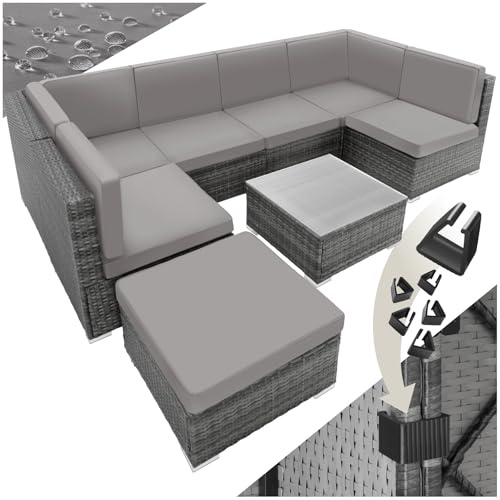 tectake® Set di Salottino in Rattan Venezia, 6 Sedili 1 Sgabello 1 Tavolino con Piano, Resistente alle Intemperie, Viti in Acciaio Inox, Mobili d Arredo, Giardino, Esterno - Grigio