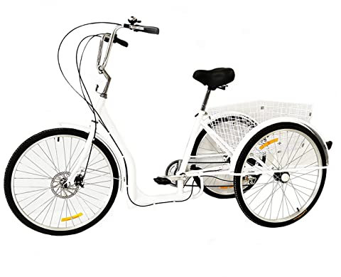 Fetcoi Dreirad 26 Zoll Räder Dreirad für Erwachsene mit Einkaufskorb Fahrrad 3-Rad-Dreirad Ausflug Sport Einkaufen Shopping Weiß