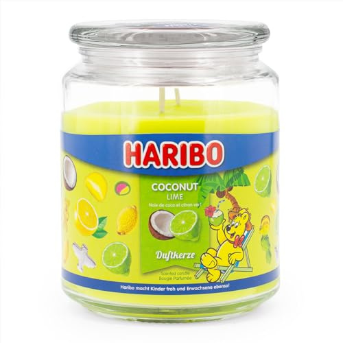 Haribo Duftkerze im Glas | Coconut Lime 510g | Duftkerze Kokos | 100h Brenndauer | 2 Dochte | Geschenkidee für Frauen | Sommerkerze