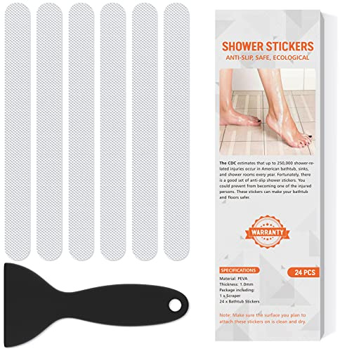 Non Slip Bathtub Stickers, 24 PCS Shower Stickers for Safety Bathroom Tubs, Bathtub Non Slip Stickers and Adhesive Decals Scraper for Bath Tub, Shower Floor, Stairs, Ladders(Clear)