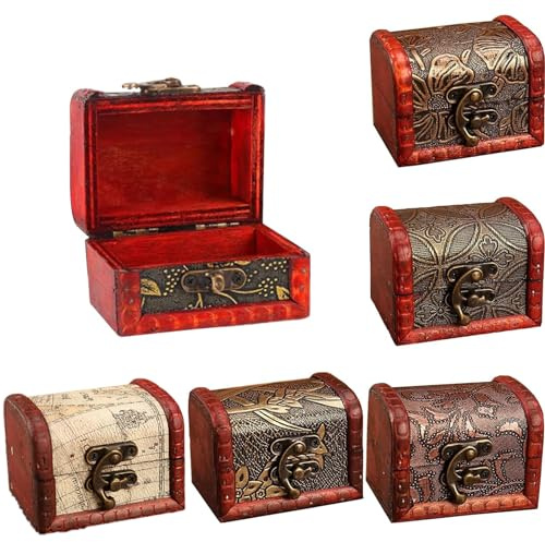 Eowppue 6-Pack Mini Vintage Wooden Treasure Chests, Brown Animal Print, 8cmX6.5cmX6cm, Lockable Pirate Jewellery Storage Boxes, Perfect for Party Decorations, Gifts & Collections