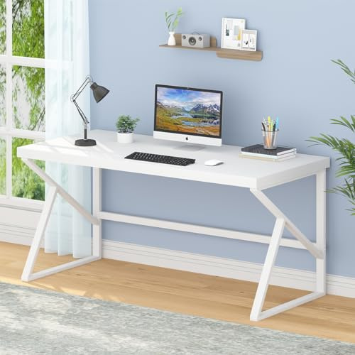 HSH Computer Desk Gaming Office Table Large Desks for Home 150cm White Oak | Industrial Home Office Computer Desks Farmhouse Metal and Wood Desk Computer Table Laptop PC Desks for Student Writing Study