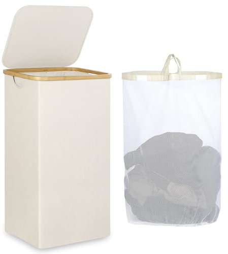 iEGrow Cesto Ropa Sucia 110 L, Plegable Extra Grande Cesta Ropa sucia con Tapa, Almacenamiento de Ropa Sucia, Cubo de Bambú para Ropa, Juguetes, Toallas (Beige)