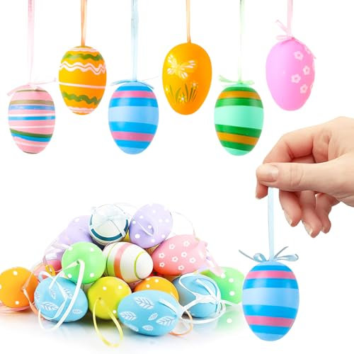 badaren 24 Piezas Huevos de Pascua para Colgar, Huevos de Pascua de Plástico en Diversos Colores, 6 CM Huevos de Pascua Decoraciones con Cinta, Colgantes de Pascua para Decoración Exterior e Interior