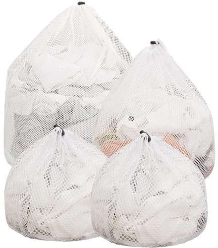 Scettar 4 Piezas Bolsa Lavadora, Red Lavadora Ropa Interior Bolsa Malla Lavanderia, Bolsa Calcetines Lavadora Reutilizable Con Cordón Red De Lavandería para Hogar Lencería Camisas (Blanco)