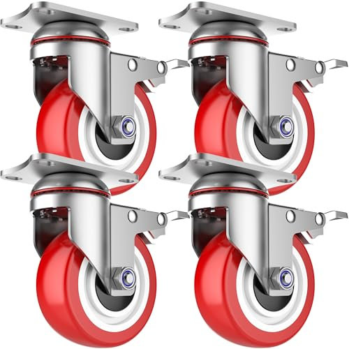 Deutnart 100mm Transportrollen mit Bremse, Extra Schwerlastrollen 700kg Tragfähigkeit, Langlebige Schmutzabweisende Lenkrollen (3. Generation, Verbesserter Premium Stahl, Solides Rad), 4er Pack, Rot