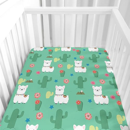 Odot Spannbettlaken für Kinderbett, Alpaka Drucken Kinderwagen Matratzenbezug, Weiche Babybett Spannbetttuch Stubenwagen Bezug, Beistellbett Spannbettlaken (Grün,60x120 cm)