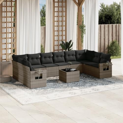 THOYTOUI 11-TLG. Garten-Sofagarnitur, Biergartengarnitur Lounge Set Outdoor Balkon möbel Set Gartengarnitur Set Geeignet für Balkon Garten Terrasse Veranda mit Kissen Grau Poly Rattan