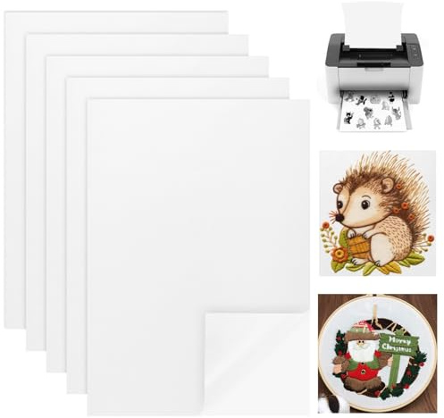5 Piezas Estabilizador de Bordado Soluble en Agua, A4 (29.7x21cm) Autoadhesivo Soluble en Agua Papel de Bordar Imprimible, Plantillas de Bordado Solubles en Agua para Imprimir Bordado Dibujado a Mano