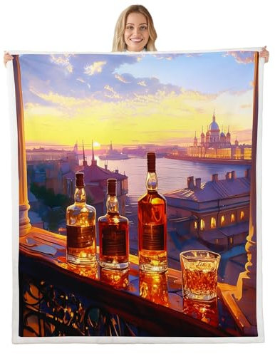feelingyou Whisky Throw Blanket,Whisky Glass Romantic Wine Time Fleece Blanket for Bedroom Watercolor Sunset European Building Lake Soft Blanket for All Seasons,Baby (30 x 40 Inches)