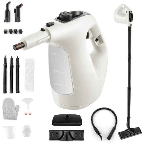 SOARS Dampfreiniger mit 14 Zubehör, Dampfdruck: 2 bar, Max. 125 ℃, Aufheizzeit: 1 min., Leistung: 1500 W, Tank: 400ML, Handdampfreiniger für Teppiche, Boden, Fenster (Weiß)