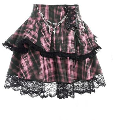 Gothic Street Sexy Bandage Rüschen Stufenrock Frauen Hohe Taille Solide Criss Cross Tie Up A-Linie Minirock Faltenröcke, pinkes Karomuster, S