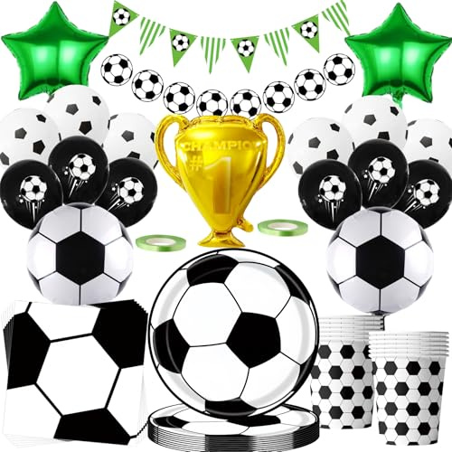 Fußball Geburtstag Deko Set,82 Stück Fussball Partygeschirr mit Große Trophäen Fußball Folienballon Partyzubehörset,Fussball Pappteller Tassen Servietten banner Luftballon Kinderparty Deko 20 Gäste