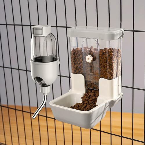 Distributeur Automatique de Nourriture et d'eau pour Animaux de Compagnie, Ensemble de Fontaine à Gravité pour Cage de Chien, Chat, Lapin, Cochon d'Inde, Chinchilla, Furet, Hérisson (Gris)