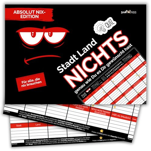 Stadt Land Nichts by snaPmee - Geschenk für alle, die Sich nix wünschen - Quiz-Spiel Weihnachten, Geburtstag & Co - Wichtelgeschenk für Teenager + Erwachsene - 50 Blatt Din-A4