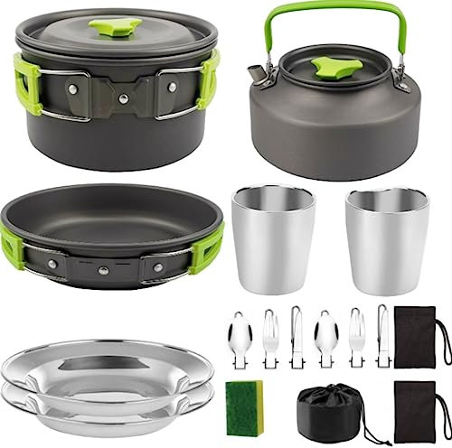 JYARZ Attrezzatura da Campeggio Kit di Pentole da Campeggio per 4-6 Persone Attrezzatura da Cucina Portatile Ciotola Pentola Attrezzatura da Zaino in Spalla per L'escursionismo Kit Campeggio(Grün)