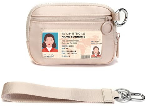 Beige Mini Zip Card Case for Women with Clear ID Window, Coin Purse, Lightweight Small Zipper Wallet,Portable Organizer
