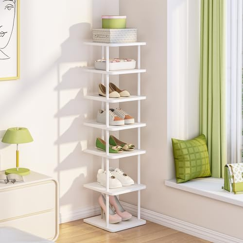 Huhote Vertikales Schmales Schuhregal, Standregal mit 7 Ebenen, Schuhablage, Schuhablagen, Schuhaufbewahrung, Schuh-Organizer, Schuhständer für Eingangsbereich, Korridore, Ecke, Wohnzimmer, Weiß