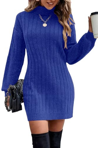 ELFIN Strickkleid Damen Rollkragen Puffärmel Pulloverkleid Winterkleid Elegant Langarm Strickpullover Pullikleid Minikleid