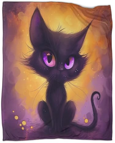 TharEau 3D Black Katze Wohndecke Flanell Mikrofaser Weich Flauschig Lila Augen Kuscheldecken Für Schlafzimmer, Sofa Für Kinder Erwachsene 60x80inch(150x200cm)