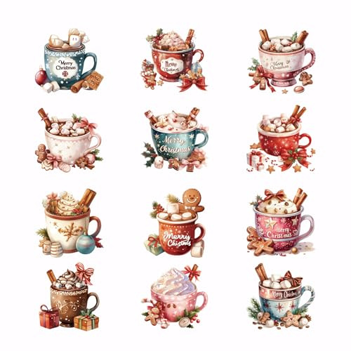 SUPERDANT 12 x Desserttasse Wärmeübertragung Weihnachts Bügelbilder Kunststoff Aufkleber Set Kleidung Bügelbilder Für T Shirts Segeltuchtaschen Jacken Kissen DIY Bastelarbeiten Für Den Urlaub