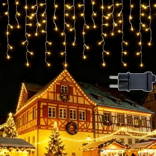 ZCLIKEU Eisregen Lichterkette Außen 10m 400LED Warmweiß mit Stecker, 8 Modi Lichtervorhang Weihnachtsbaum Lichterkette Innen mit Timer Speicherfunktion für Traufe Weihnachten Treppe