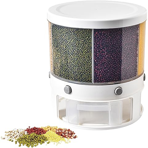 Dispensador giratorio de alimentos con 6 rejillas para arroz y cereales, recipiente de almacenamiento de cereales con un solo clic para el hogar y la cocina, 32,2 cm x 29 cm x 29 cm, solución de