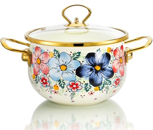 SOUJOY 3 Quart Enamel Cooking Pot with Glass Lid, Non-Stick Soup Pot with Handle, Vintage Floral Bean Stew Simmer Pot for Kitchen, Induction & Gas Stove Safe, Mother's Day, Wedding, Christmas Gift
