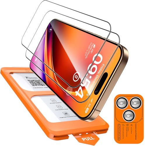 TOCOL Pellicola Vetro Temperato per iPhone 16 Pro con Pellicola Fotocamera, Rimozione Automatica Della Polvere, Senza Bolle, Anti-Impronte, Durezza 9H, Copertura Completa, Trasparente