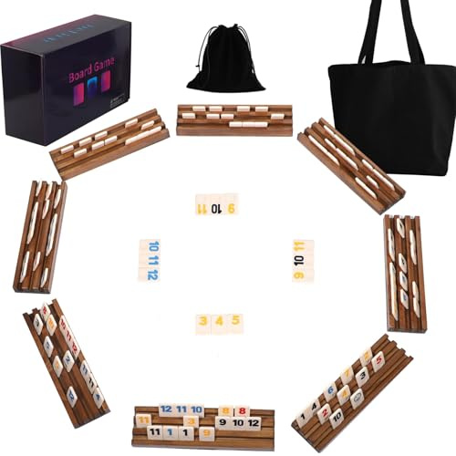 Dreamplay Gifts Rummy Cube Brettspiel, inklusive 214 Spielsteinen, 8 Holz-Steinehaltern, Kordelzug-Aufbewahrungsbeutel, Handtasche für alle Komponenten und Spielanleitung (Edition für 8 Spieler)