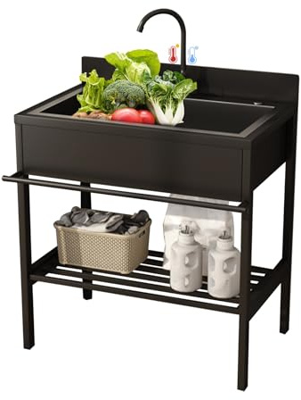 AYHARYLH Lavandino da Esterno,Lavabo Autoportante in Acciaio Inox,Lavello Cucina con Mobile,con Ripiano Portaoggetti,per Interni/Esterni, Cucina Bar, Ristorante, Lavanderia, Giardino(80 * 45 * 84cm)