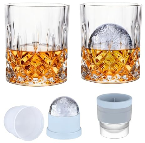 unbholkk Whisky Gläser, 2 Rum Gläser 300 ml mit 2 Große Eiskugelformen Insgesamt 4er Set, für Scotch, Cocktail, Rum, Cognac, Wodka, Bourbon und Likör, Trinkgläser Geschenkset