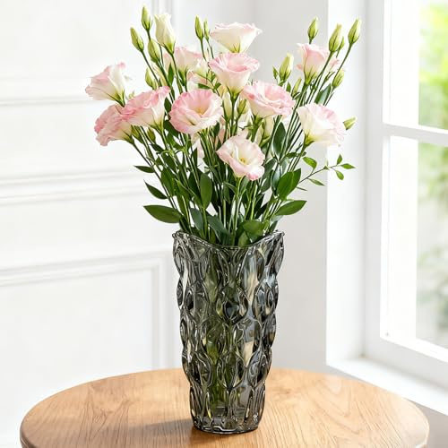 Glas Blomvas, 24 cm hög Modern Minimalistisk Glasvas Moderna Kristall Dekorativ Handgjord Blomsterarrangemang för Hemmakontor Dekor, Present för Bröllop, Inflyttningsfest Grå
