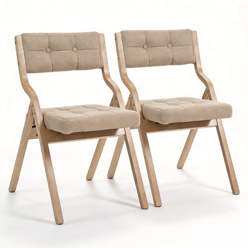 SEEDWAVE Juego de 2 sillas de comedor plegables como silla de cocina moderna con patas de madera, respaldo acolchado y asiento, para comedor y cocina (caqui)