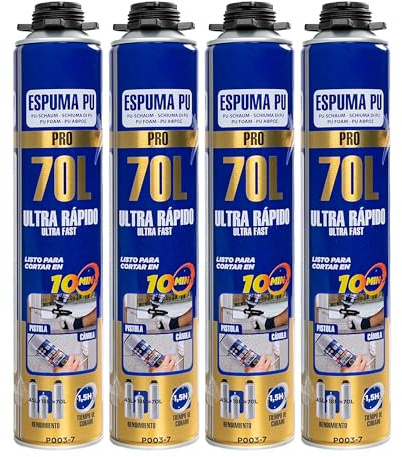Espuma de Poliuretano 70L 750ml con Cánula – Espuma Expansiva Ultra Rápida para Sellado de Grietas y Huecos – Aislamiento Térmico y Acústico – Espuma para Construcción, Puertas y Ventanas x4 Unidades
