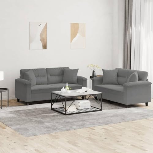WDGJJFECNMUEHI 2-TLG. Sofagarnitur Set Grau Mikrofaser Sofa Wohnzimmer Couchgarnitur mit Kissen Modernes 2-Sitzer Sofa Set Bequem für Entspannung Fernsehen Gäste