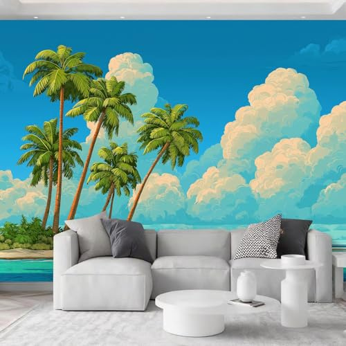Fotomurales Tejido No Tejido 200 x 140 cm - Papel Pintado Fotográfico Tropical Isla Plantas Nubes Murales Azul Póster para Niños Juvenil Salón Dormitorio Decoración Del Hogar
