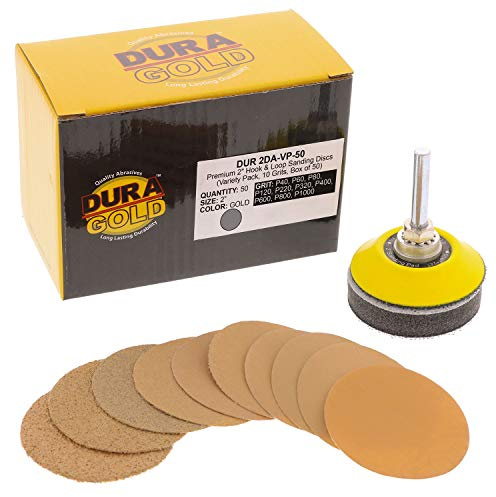 Dura-Gold Premium 2 Gold Hook & Loop Sanding Discs Variety Pack Box - 40, 60, 80, 120, 220, 320, 400, 600, 800, 1000 Grit (5 Sheets Each, 50 Total) & Drill Backing Plate, Automotive, Woodworking