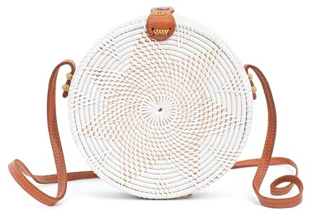 Novum Crafts Round Rattan Bag for Women - Handmade Straw Bags - Wicker Purse - Brown White Circle Crossbody Boho Bags