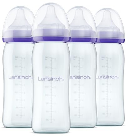 Lansinoh Glas Flaschenset - Babyflaschen mit NaturalWave Sauger Gr. M, 240 ml - 4 Stück