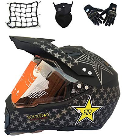 MRDEAR Casco Motocross Nero con Visiera, Set da Casco Cross Adulto (Guanti/ Face Mask/ Rete Elastica) Casco Enduro Integrale Moto MTB Off-Road ATV Scooter Downhill Sport per Donna Uomo,L