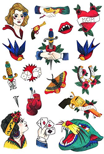Tatsy Old School Set – Temporäre wasserfeste Tattoos für Damen und Herren, Vintage- und Oldschool-Motive, einzigartige Designs für Partys, Festivals und Alltag