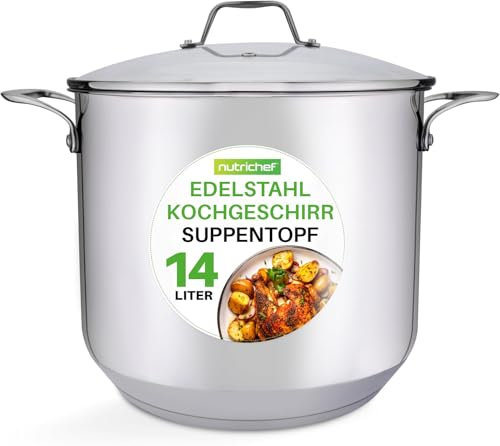 NutriChef Pentola in Acciaio Inox 18/8 - 15 Litri, Adatta per Induzione, per Stufati, Cottura a Fuoco Lento e Zuppe, con Coperchio Trasparente e Lavabile in Lavastoviglie