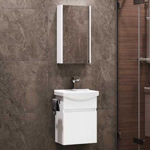 Planetmöbel Lavabo con Mueble bajo 45 cm con lavamanos de cerámica y Armario con Espejo 40 cm, Juego de Muebles de baño para WC de Invitados, Blanco Mate