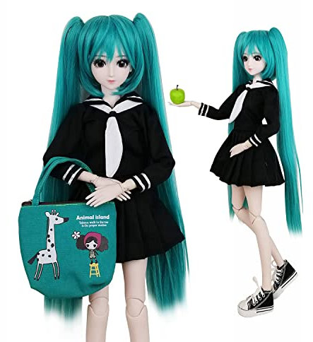 Eva BJD 1/3 SD-Puppe, 60 cm, Kugelgelenk, Geschenk, BJD-Puppe + Make-up + komplettes Set, Schuluniform, Mädchen (grünes Haar)