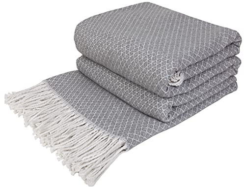 LYHome Bomullsfilt - Pläd med Fransar: Bomull Filt Perfekt för Soffa, Säng, Vardagsrum, Sovrum, för Dekoration och Som Gåva. Tät, Mysig och Tung Pläd (140 cm x 200 cm/Ljusgrå med Vitt)