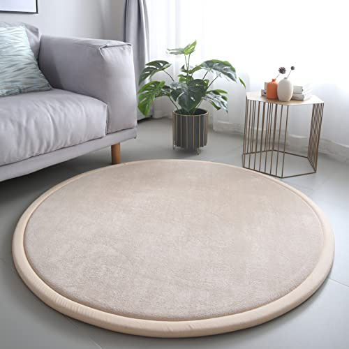 Loartee korallenrote Samtmatte Teppich Rund, als Krabbeldecke fürs Kind,2,5cm Dicker Kinderteppich,Beige,140cm